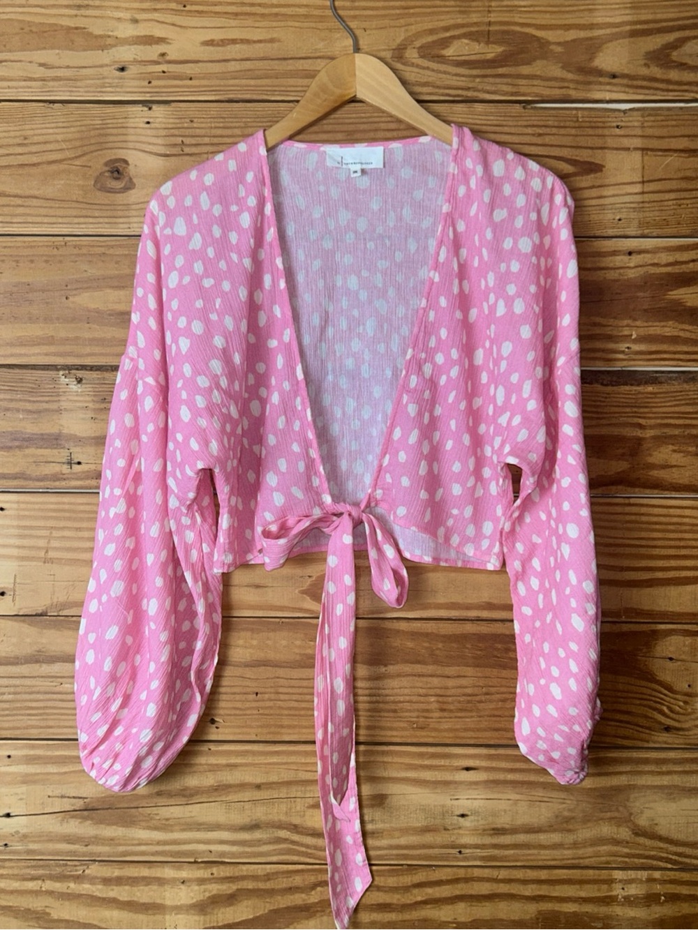 Anthropologie Pink Polka-Dot Tie-Front Cropped Blouse